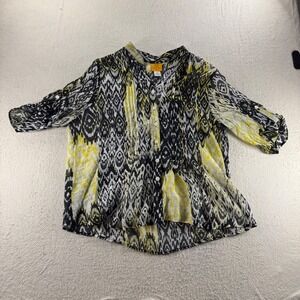Ruby Rd Petite PXL Black White Yellow Ikat Print Pleated‎ V Neck Tunic Blouse